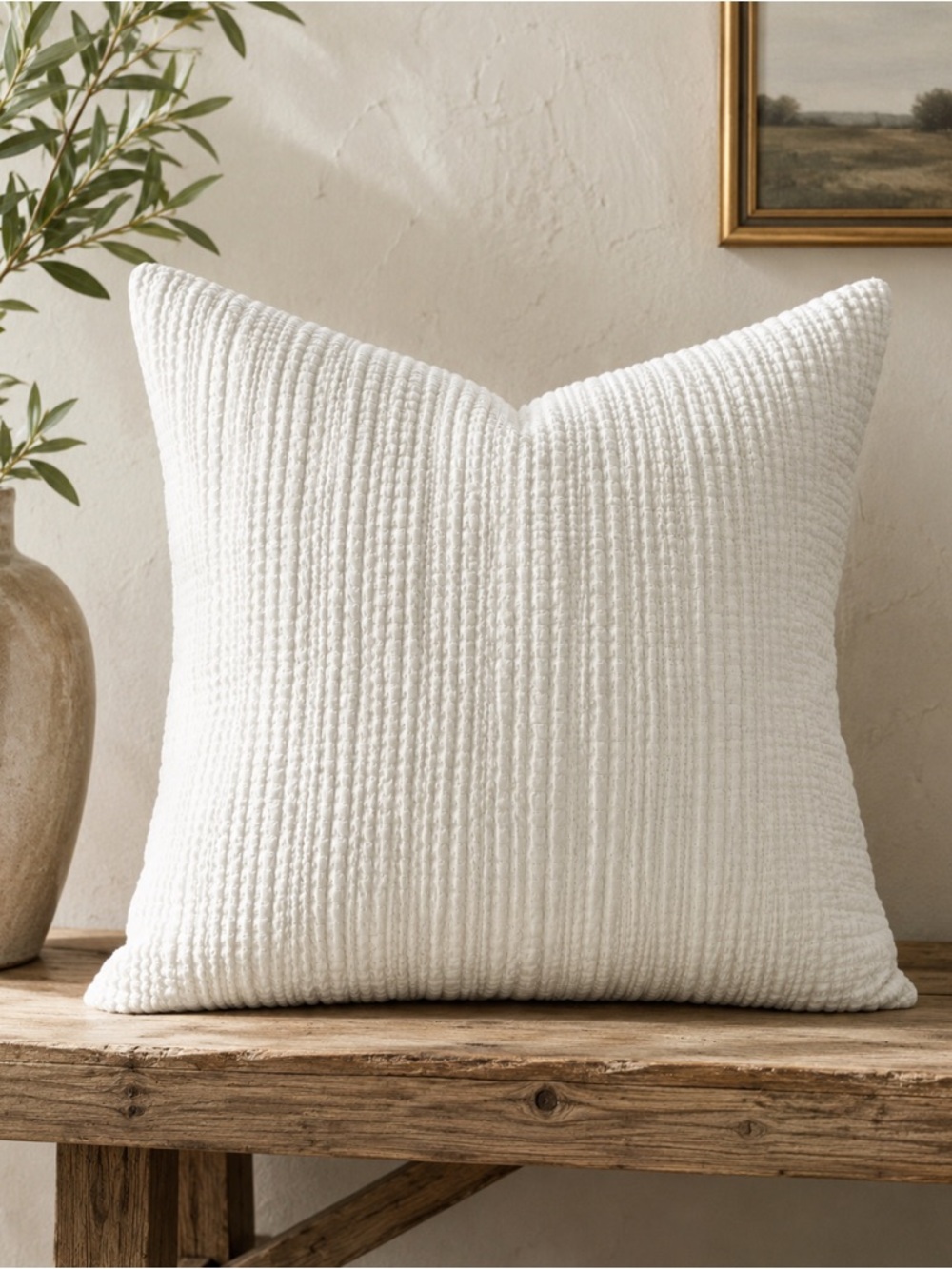 Pottery Barn White Textured Cotton Pillow Cover 24” Square Woven Throw Sham Euro